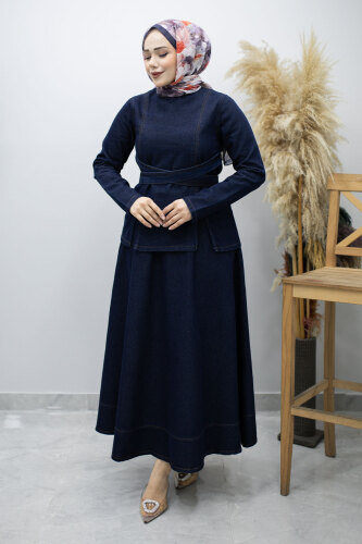 Belden Bağlamalı Etekli Kot Takım TSD260187 Koyu Mavi - 5