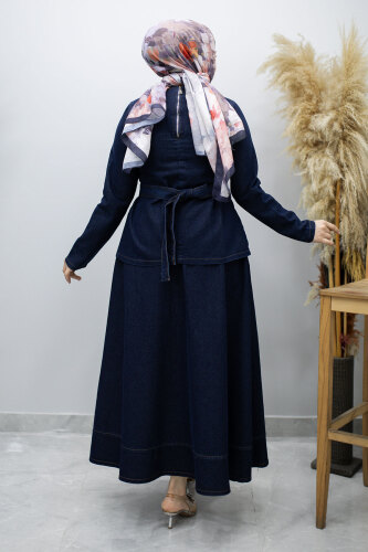 Belden Bağlamalı Etekli Kot Takım TSD260187 Koyu Mavi - 6