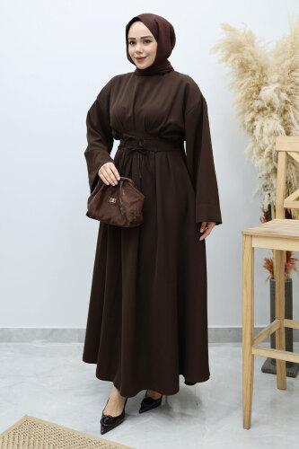 Belden Oturtmalı Bağcıklı Elbise TSD260136 Acı Kahve - 1
