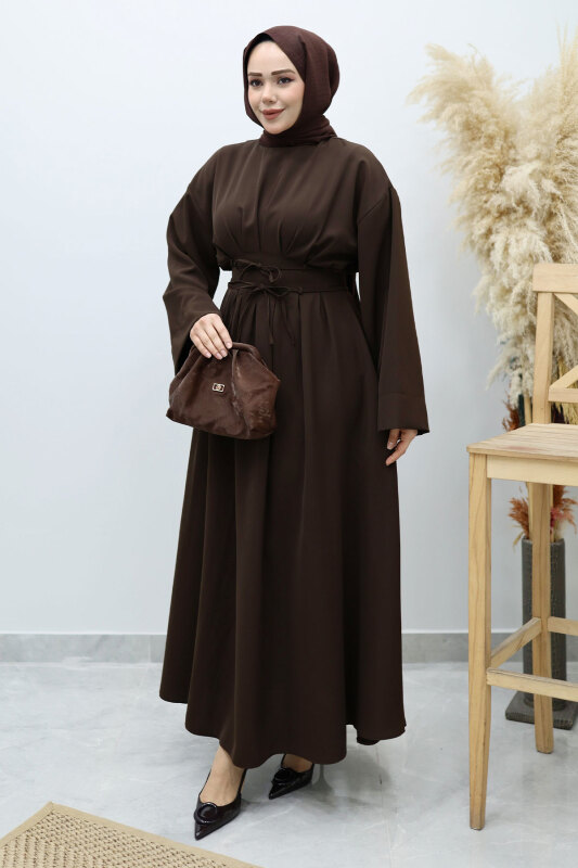 Belden Oturtmalı Bağcıklı Elbise TSD260136 Acı Kahve - Tesettür Dünyası