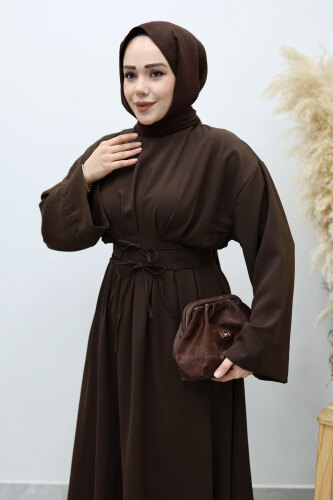 Belden Oturtmalı Bağcıklı Elbise TSD260136 Acı Kahve - 2