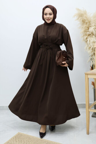 Belden Oturtmalı Bağcıklı Elbise TSD260136 Acı Kahve - 3