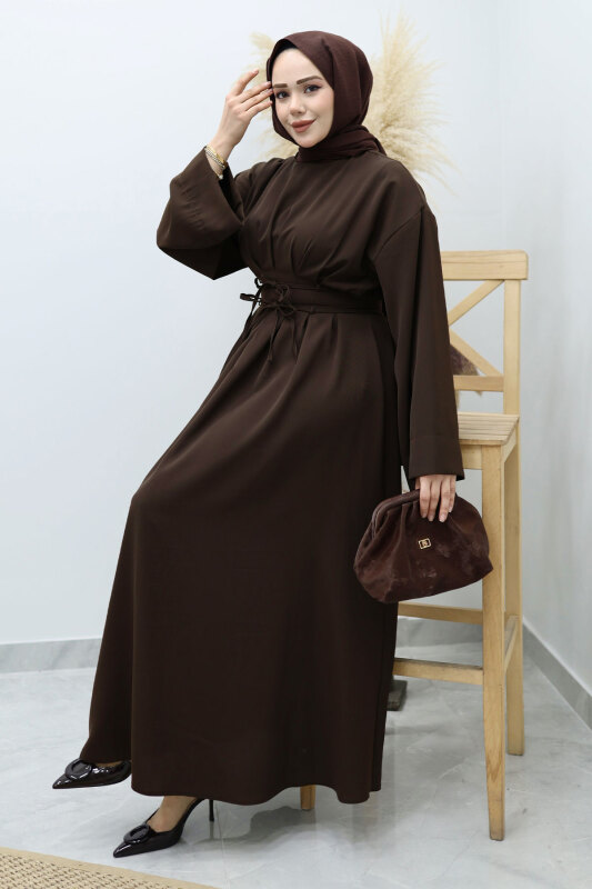 Belden Oturtmalı Bağcıklı Elbise TSD260136 Acı Kahve - 5