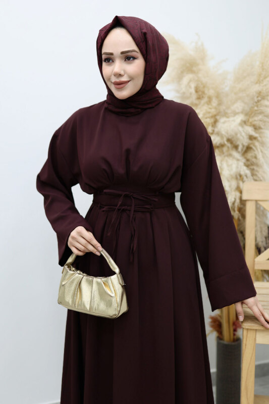 Belden Oturtmalı Bağcıklı Elbise TSD260136 Bordo - Tesettür Dünyası (1)