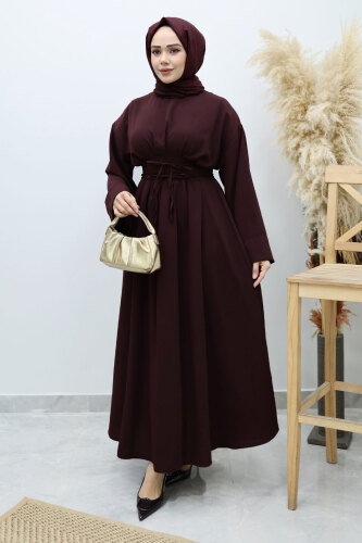 Belden Oturtmalı Bağcıklı Elbise TSD260136 Bordo - 3