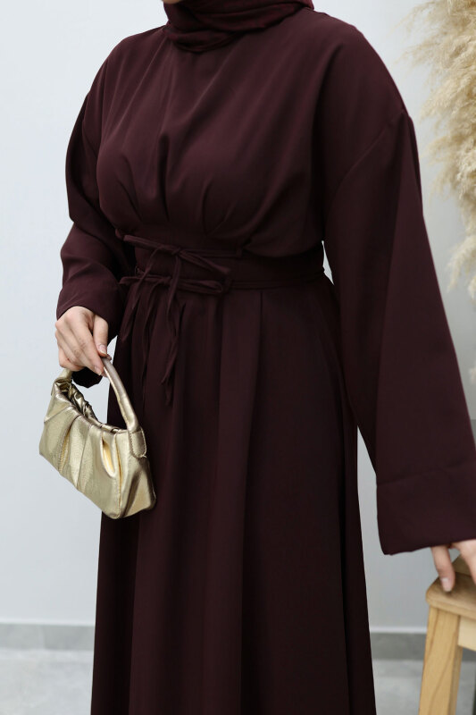 Belden Oturtmalı Bağcıklı Elbise TSD260136 Bordo - 4