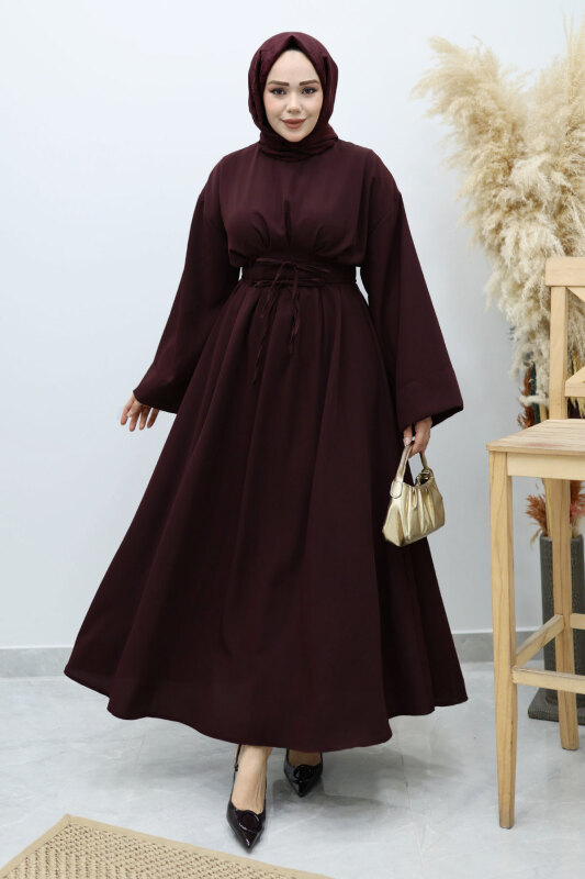 Belden Oturtmalı Bağcıklı Elbise TSD260136 Bordo - 5
