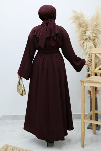 Belden Oturtmalı Bağcıklı Elbise TSD260136 Bordo - 6