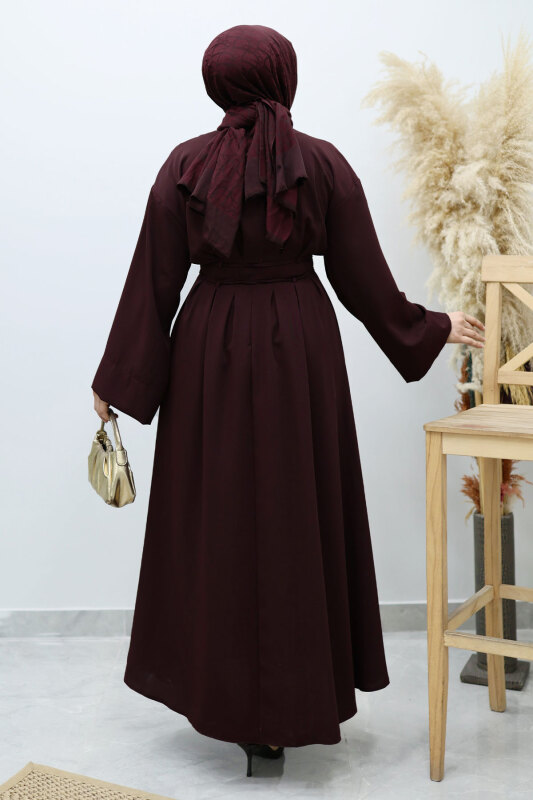 Belden Oturtmalı Bağcıklı Elbise TSD260136 Bordo - 6