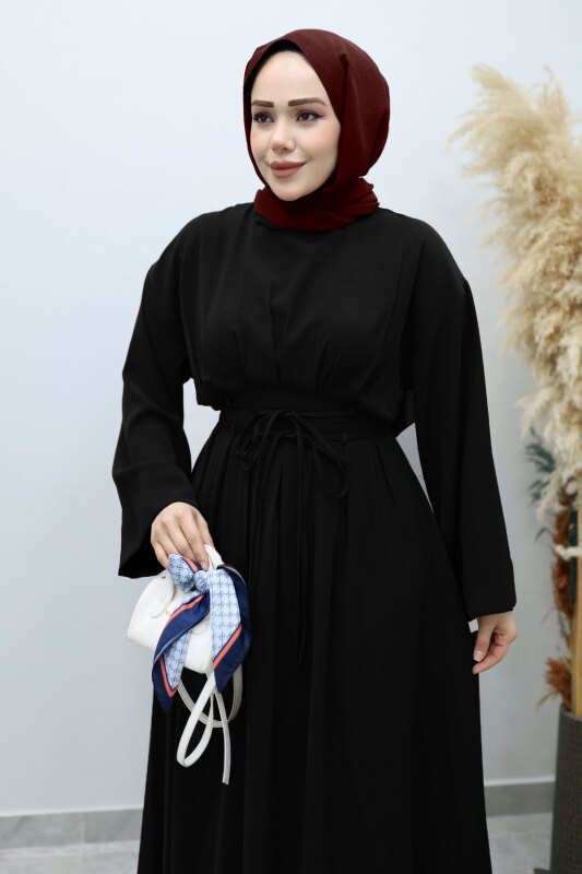 Belden Oturtmalı Bağcıklı Elbise TSD260136 Siyah - Tesettür Dünyası (1)