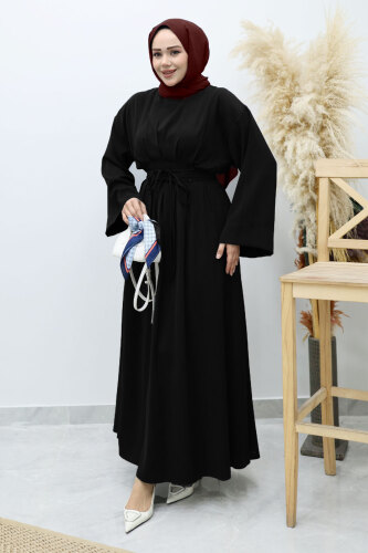 Belden Oturtmalı Bağcıklı Elbise TSD260136 Siyah - 3