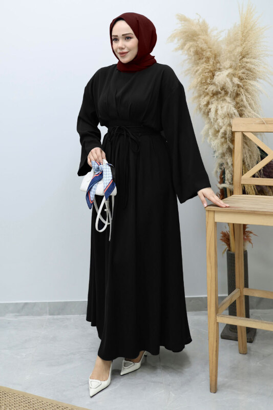 Belden Oturtmalı Bağcıklı Elbise TSD260136 Siyah - 5