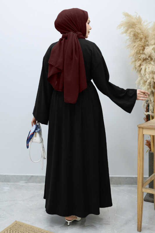 Belden Oturtmalı Bağcıklı Elbise TSD260136 Siyah - 6