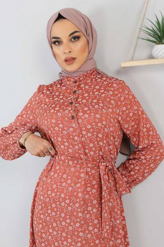 Beli Bağlamalı Çiçek Desenli Tesettür Elbise TSD211240 Somon - 3