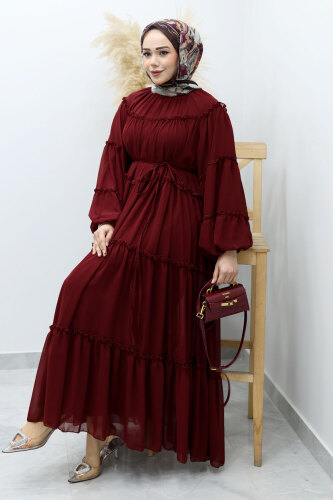 Beli Bağlamalı Fırfırlı Şifon Elbise TSD260142 Bordo - 1
