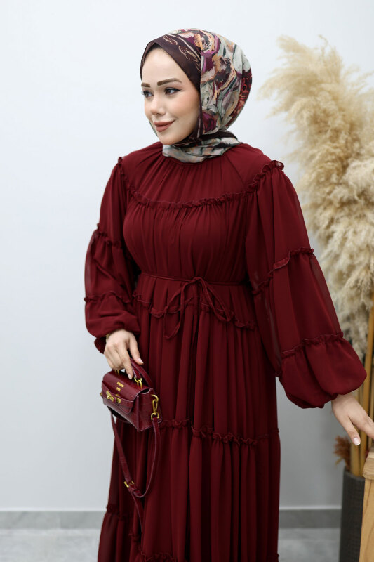 Beli Bağlamalı Fırfırlı Şifon Elbise TSD260142 Bordo - Tesettür Dünyası (1)