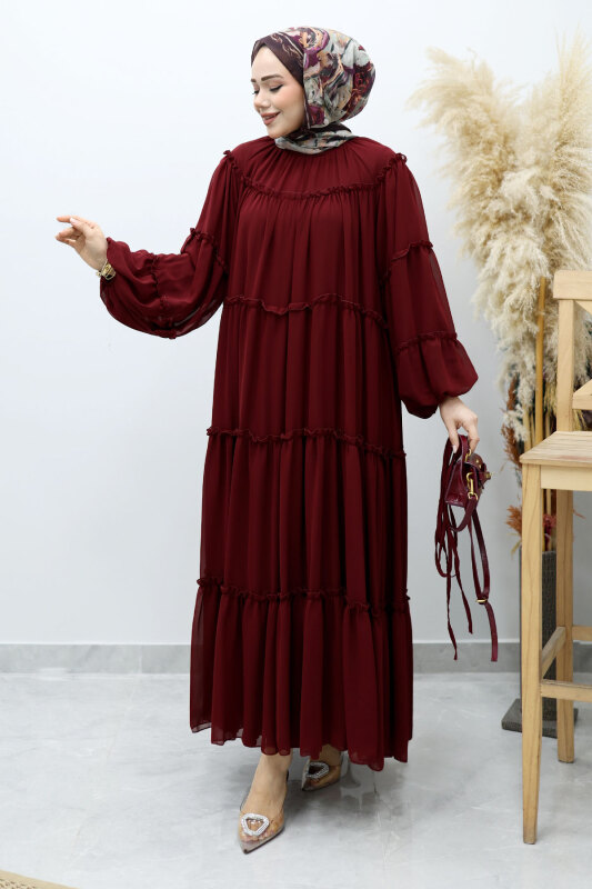 Beli Bağlamalı Fırfırlı Şifon Elbise TSD260142 Bordo - 3