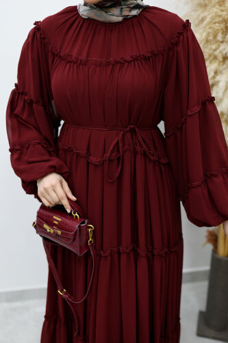 Beli Bağlamalı Fırfırlı Şifon Elbise TSD260142 Bordo - 4