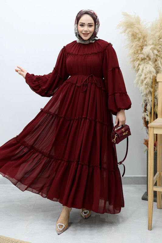 Beli Bağlamalı Fırfırlı Şifon Elbise TSD260142 Bordo - 5