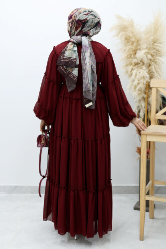 Beli Bağlamalı Fırfırlı Şifon Elbise TSD260142 Bordo - 6