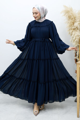 Beli Bağlamalı Fırfırlı Şifon Elbise TSD260142 Lacivert 