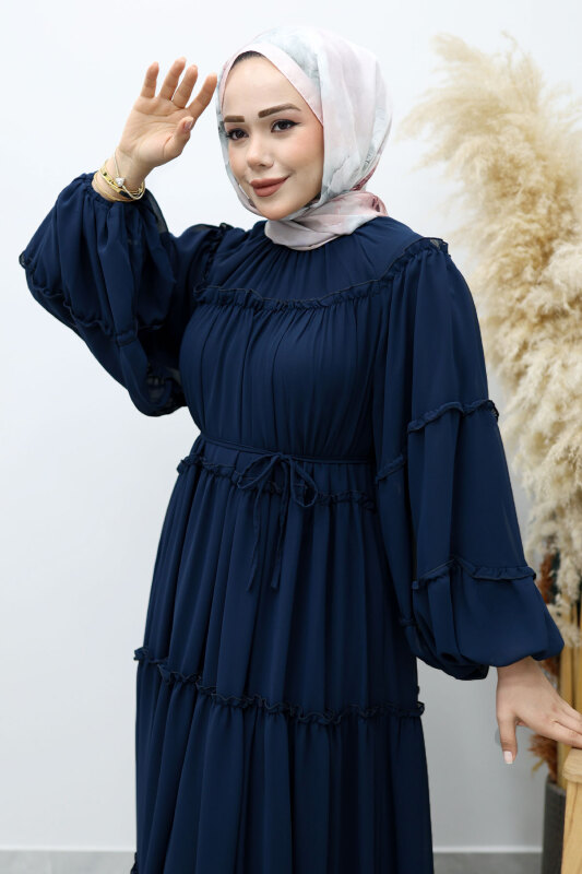 Beli Bağlamalı Fırfırlı Şifon Elbise TSD260142 Lacivert - Tesettür Dünyası (1)