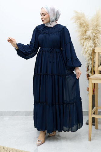 Beli Bağlamalı Fırfırlı Şifon Elbise TSD260142 Lacivert - 3