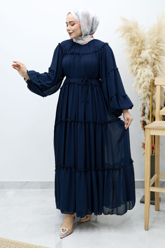 Beli Bağlamalı Fırfırlı Şifon Elbise TSD260142 Lacivert - 3