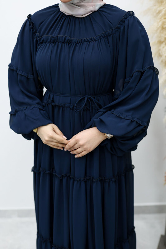 Beli Bağlamalı Fırfırlı Şifon Elbise TSD260142 Lacivert - 4