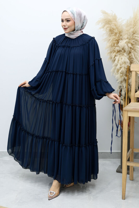 Beli Bağlamalı Fırfırlı Şifon Elbise TSD260142 Lacivert - 5