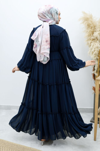 Beli Bağlamalı Fırfırlı Şifon Elbise TSD260142 Lacivert - 6