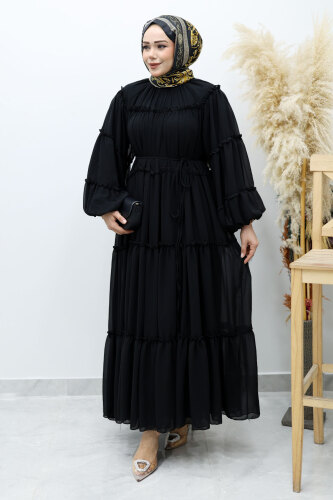 Beli Bağlamalı Fırfırlı Şifon Elbise TSD260142 Siyah 