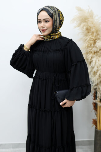 Beli Bağlamalı Fırfırlı Şifon Elbise TSD260142 Siyah - 2
