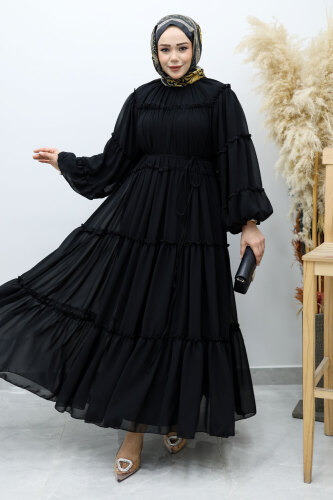 Beli Bağlamalı Fırfırlı Şifon Elbise TSD260142 Siyah - 3