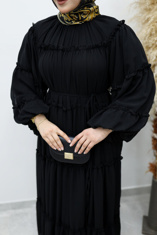 Beli Bağlamalı Fırfırlı Şifon Elbise TSD260142 Siyah - 4