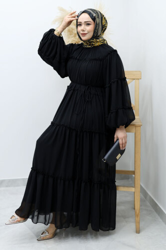 Beli Bağlamalı Fırfırlı Şifon Elbise TSD260142 Siyah - 5