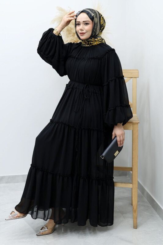 Beli Bağlamalı Fırfırlı Şifon Elbise TSD260142 Siyah - 5