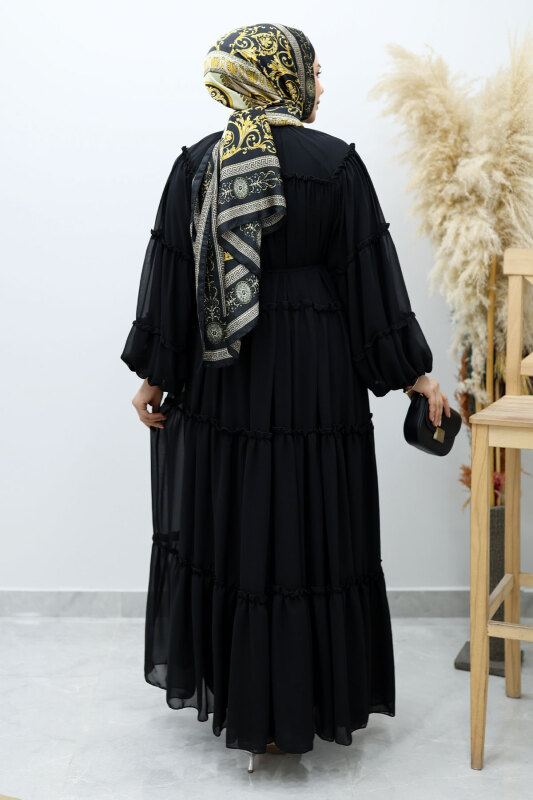 Beli Bağlamalı Fırfırlı Şifon Elbise TSD260142 Siyah - 6