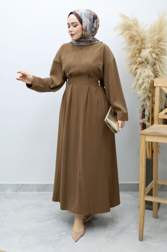 Beli Broş Detaylı Elbise TSD260149 Vizon - Tesettür Dünyası