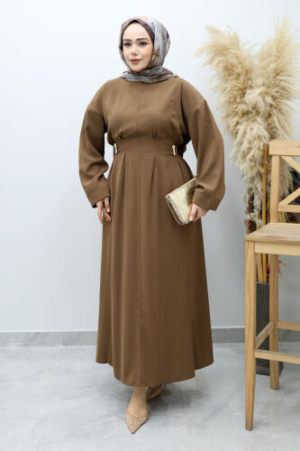 Beli Broş Detaylı Elbise TSD260149 Vizon - 3