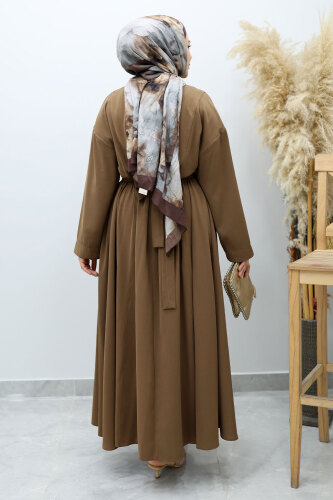 Beli Broş Detaylı Elbise TSD260149 Vizon - 6