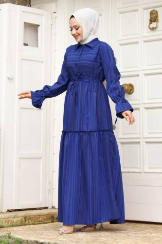 Beli Büzgülü Eteği Fırfır Detaylı Elbise TSD240240 Saks Mavisi - 4