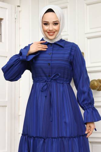 Beli Büzgülü Eteği Fırfır Detaylı Elbise TSD240240 Saks Mavisi - 2