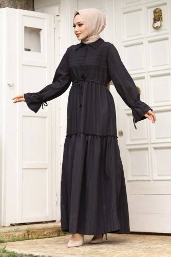 Beli Büzgülü Eteği Fırfır Detaylı Elbise TSD240240 Siyah - 3