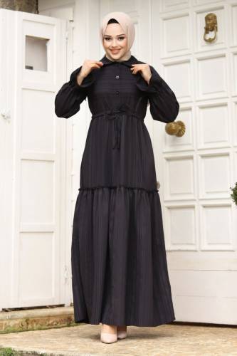 Beli Büzgülü Eteği Fırfır Detaylı Elbise TSD240240 Siyah - 4