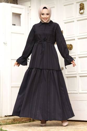 Beli Büzgülü Eteği Fırfır Detaylı Elbise TSD240240 Siyah 