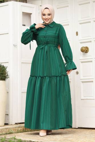 Beli Büzgülü Eteği Fırfır Detaylı Elbise TSD240240 Zümrüt Yeşili 