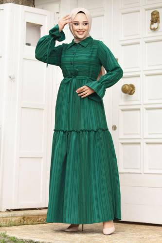 Beli Büzgülü Eteği Fırfır Detaylı Elbise TSD240240 Zümrüt Yeşili - 3