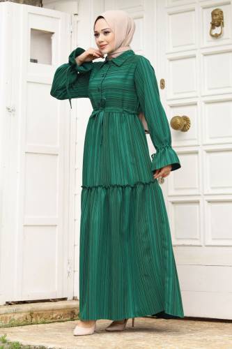 Beli Büzgülü Eteği Fırfır Detaylı Elbise TSD240240 Zümrüt Yeşili - 4