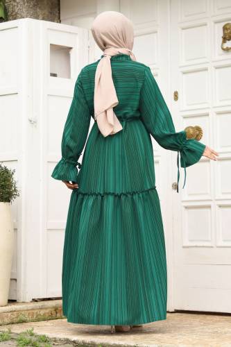 Beli Büzgülü Eteği Fırfır Detaylı Elbise TSD240240 Zümrüt Yeşili - 5